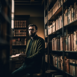 мужчина в библиотеке на фоне книг по филологии